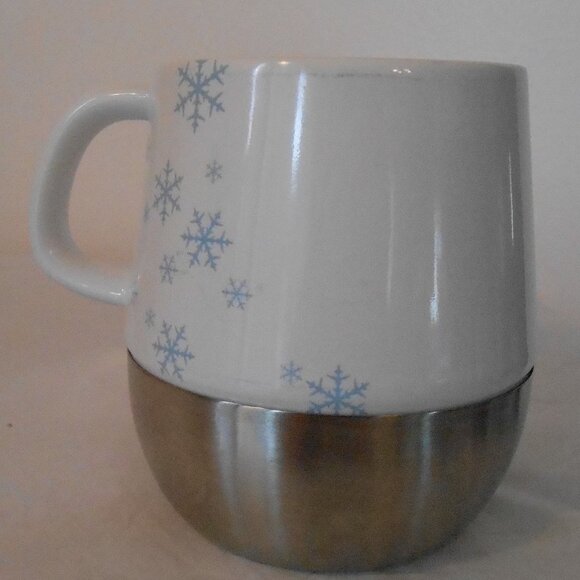 VTG Starbucks 2007 Holiday Coffee Mug 14oz White W/ Blue Snowflakes Metal Base - Picture 2 of 4
